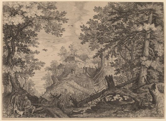Woodland Scene with Two Hunters and a Dog to the Left by Aegidius Sadeler II after Roelandt Savery (Flemish, c. 1570 - 1629), 16X12"(A3)Poster Print