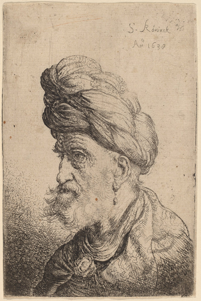 Bust of a Man with a Turban Facing Left by Salomon Koninck (Dutch, 1609 - 1656), 16X12