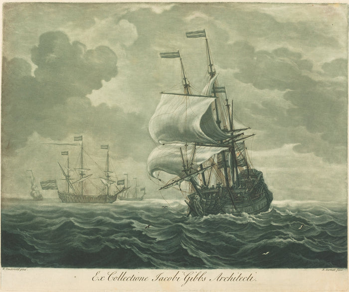 Shipping Scene from the Collection of Jacob Gibbs by Elisha Kirkall after Willem van de Velde the Elder (English, c. 1682 - 1742), 16X12