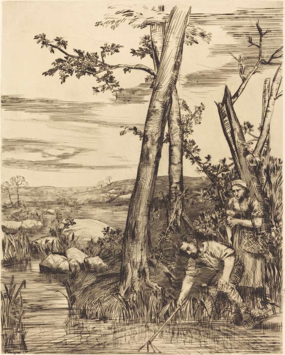 Fishing for Crayfish (Les pecheurs d'ecrevisses) by Alphonse Legros (French, 1837 - 1911), 16X12"(A3)Poster Print