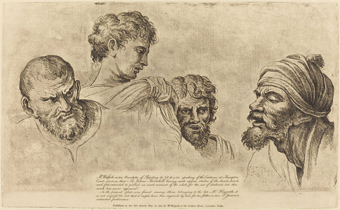 Four Heads from the Raphael Cartoons at Hampton Court by William Hogarth (English, 1697 - 1764), 16X12