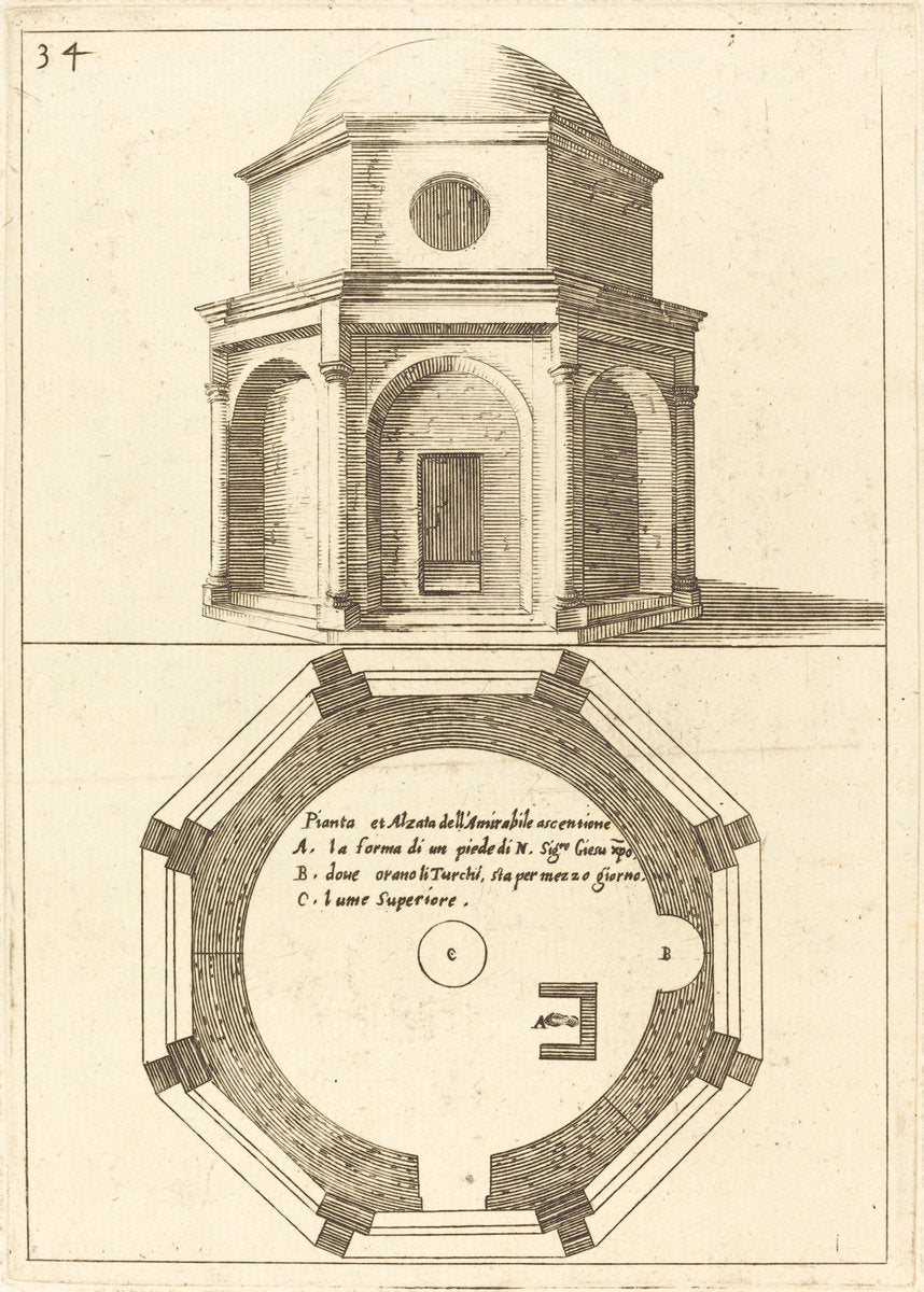 Plan and Elevation of the Church of the Ascension by Jacques Callot (French, 1592 - 1635), 16X12"(A3)Poster Print
