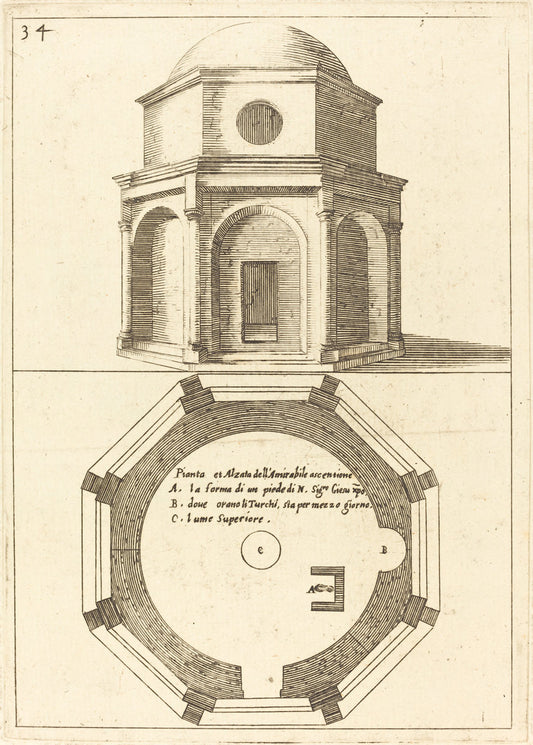 Plan and Elevation of the Church of the Ascension by Jacques Callot (French, 1592 - 1635), 16X12"(A3)Poster Print