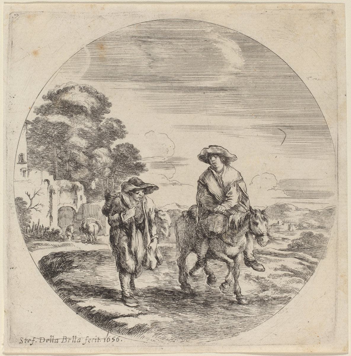 Two Peasants Traveling in a Landscape by Stefano Della Bella (Italian, 1610 - 1664), 16X12"(A3)Poster Print