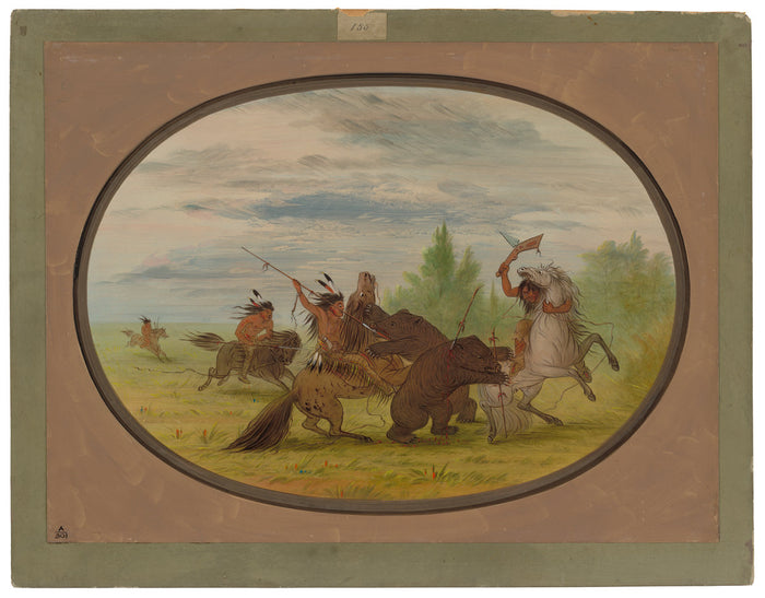 K'nisteneux Indians Attacking Two Grizzly Bears by George Catlin (American, 1796 - 1872), 16X12