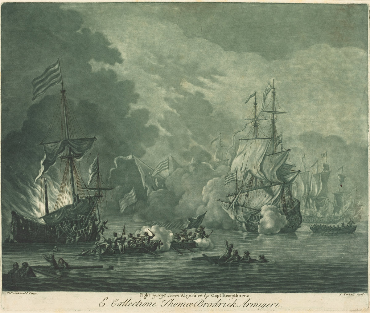 Fight against Seven Algerines by Elisha Kirkall after Willem van de Velde the Elder (English, c. 1682 - 1742), 16X12"(A3)Poster Print