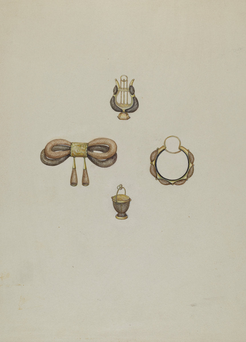Group of Hair Jewelry by Sylvia De Zon (American, active c. 1935), 16X12"(A3)Poster Print