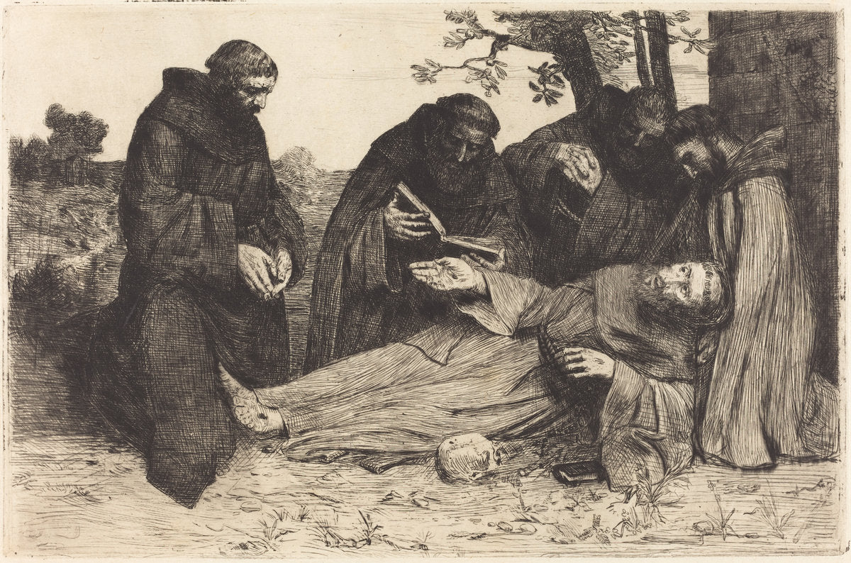 The Death of Saint Francis (La mort de St. Francois) by Alphonse Legros (French, 1837 - 1911), 16X12"(A3)Poster Print