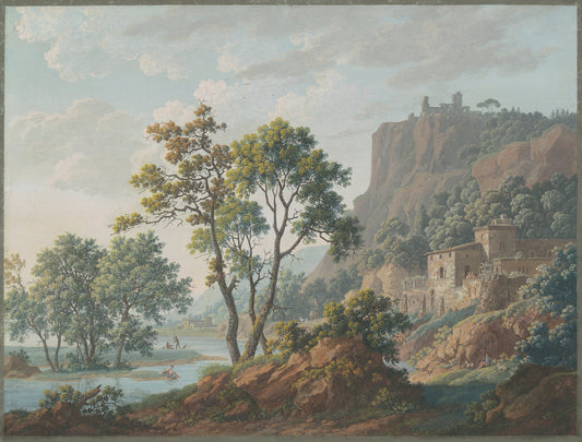 River Landscape with Castles and Fishermen by Baron Louis-Albert-Guillain Bacler d'Albe (French, 1761 - 1824), 16X12"(A3)Poster Print