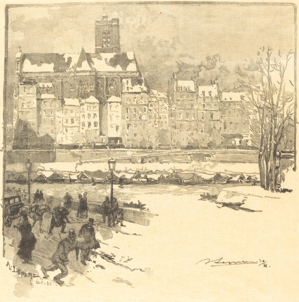 Quai de l'Hôtel de Ville by Auguste Lepère (French, 1849 - 1918), 16X12"(A3)Poster Print