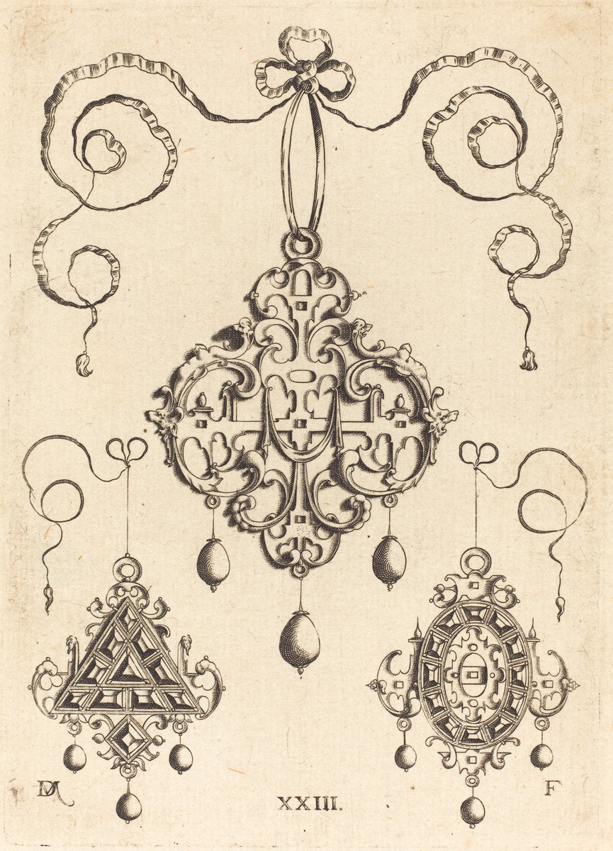 Three Strapwork Pendants, The Lower Ones Triangular and Oval by Daniel Mignot (German, active 1593/1596), 16X12"(A3)Poster Print