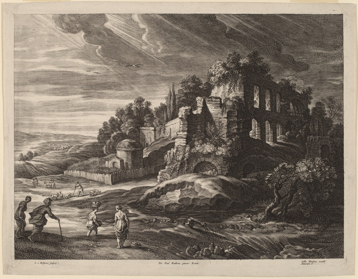 Landscape with Large Roman Ruins by Schelte Adams Bolswert after Sir Peter Paul Rubens (Flemish, 1586 - 1659), 16X12"(A3)Poster Print