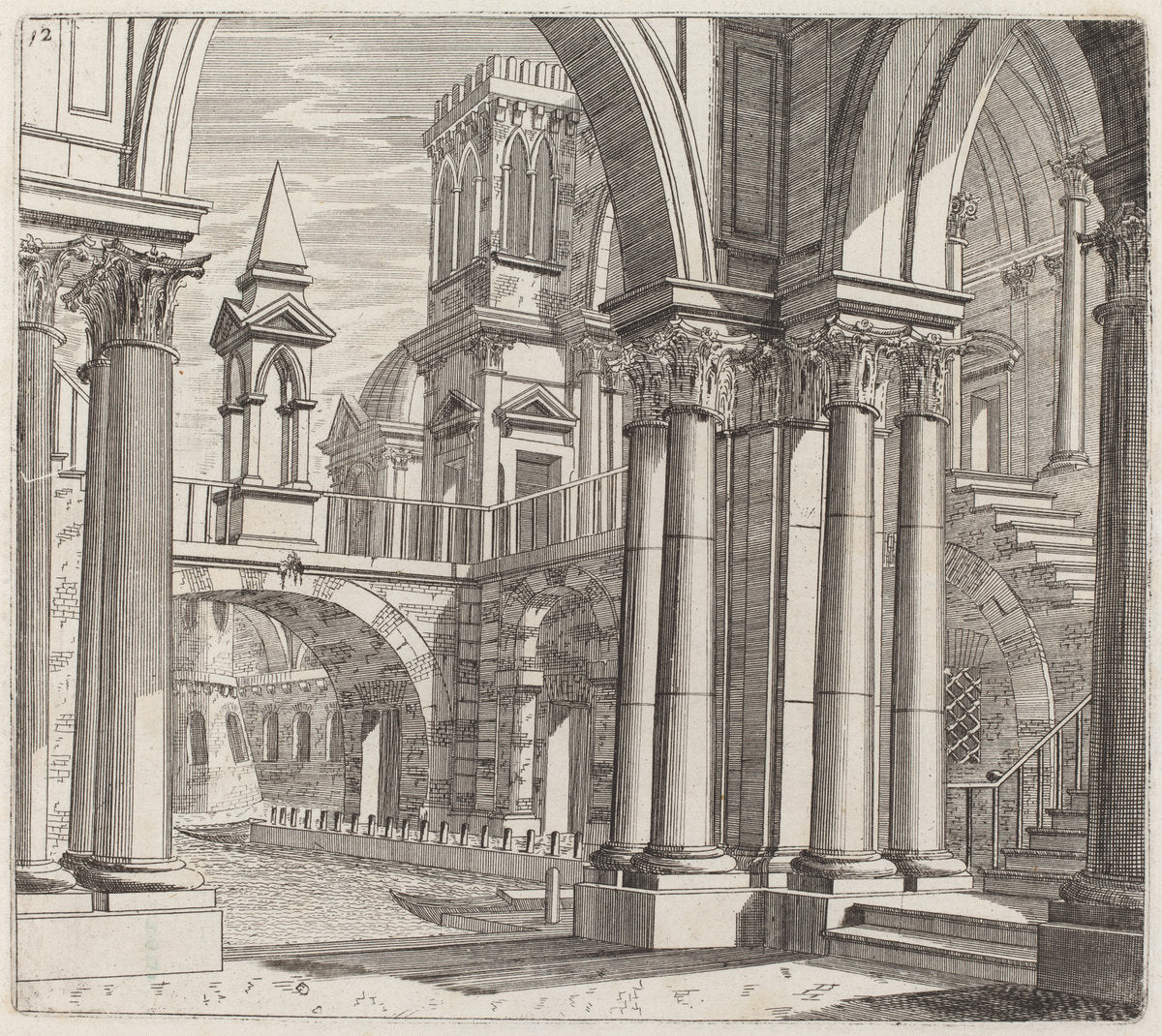 Architectural Fantasy with Buildings, Stairways, and Portals beside a Canal by Giuseppe Antonio Landi (Italian, 1713 - 1791), 16X12"(A3)Poster Print