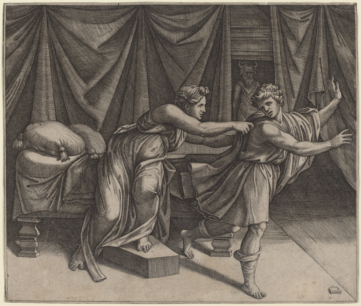 Joseph and Potiphar's Wife by Marcantonio Raimondi after Raphael (Italian, c. 1480 - c. 1534), 16X12"(A3)Poster Print