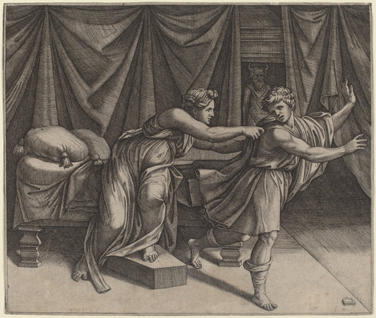 Joseph and Potiphar's Wife by Marcantonio Raimondi after Raphael (Italian, c. 1480 - c. 1534), 16X12"(A3)Poster Print