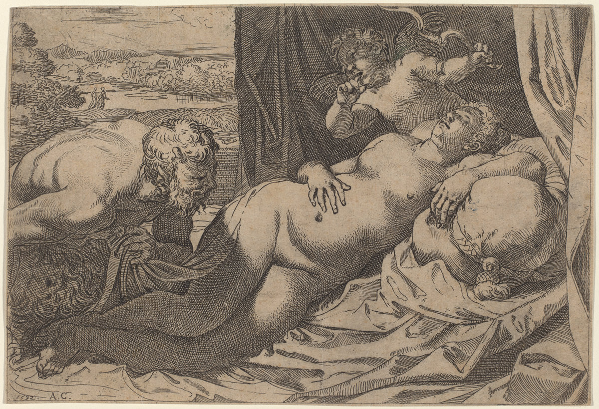 Venus and a Satyr by Annibale Carracci (Italian, 1560 - 1609), 16X12"(A3)Poster Print