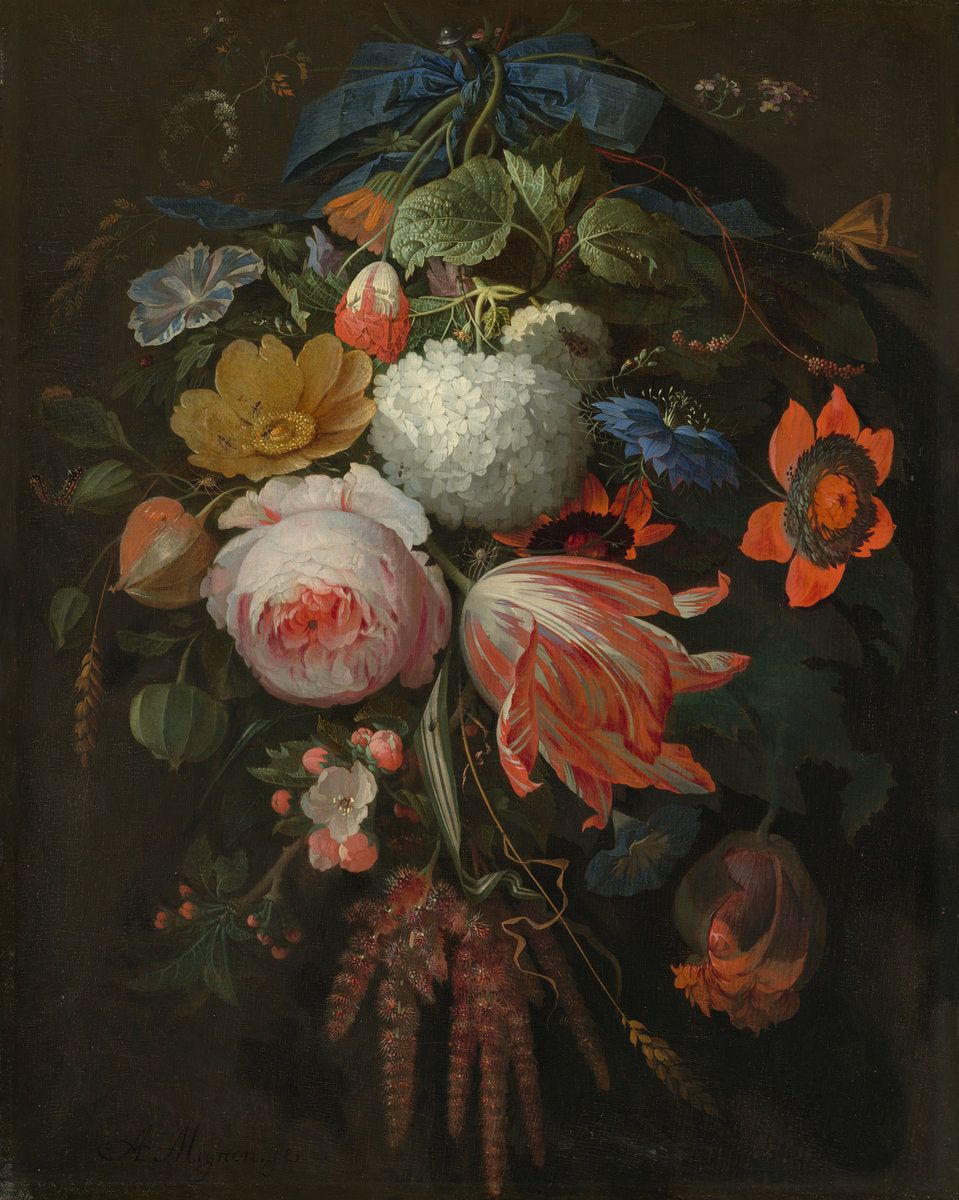 A Hanging Bouquet of Flowers by Abraham Mignon (German, 1640 - 1679), 16X12"(A3)Poster Print