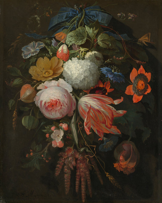A Hanging Bouquet of Flowers by Abraham Mignon (German, 1640 - 1679), 16X12"(A3)Poster Print