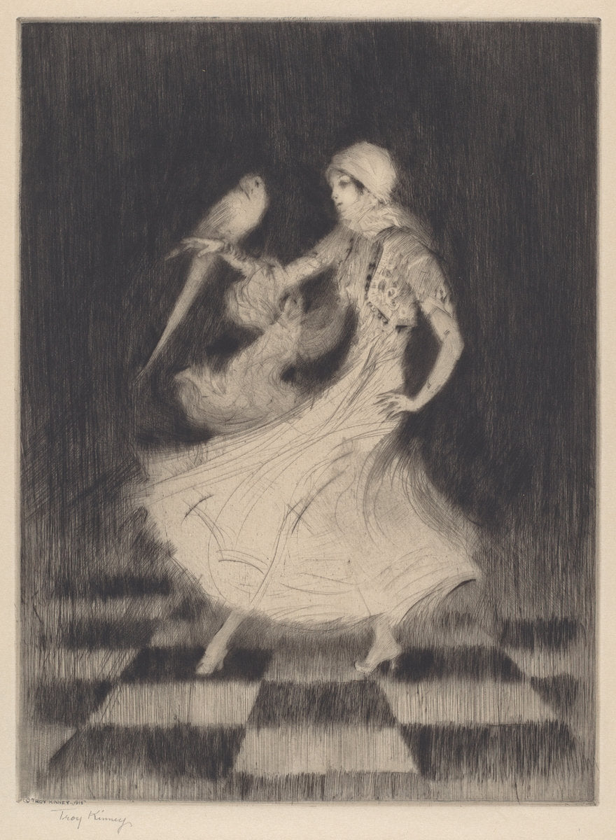 Woman Dancing with a Parrot by Troy Kinney (American, 1871 - 1938), 16X12"(A3)Poster Print