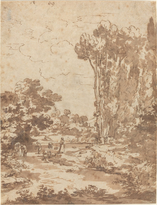 Figures Bathing in a Stream by Attributed to Nicolas Poussin (French, 1594 - 1665), 16X12"(A3)Poster Print