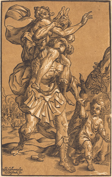 Aeneas Saving His Father from Troy by Ludwig Büsinck after Georges Lallemand (German, c. 1590 - 1669), 16X12"(A3)Poster Print