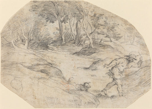 Landscape with a Man and a Dog by Leandro Bassano after Titian (Italian, 1557 - 1622), 16X12"(A3)Poster Print