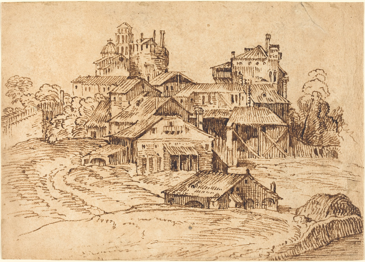 pen and brown ink on laid paper by Bolognese 17th Century (View of an Italian Town (after Titian or Domenico Campagnola)), 16X12"(A3)Poster Print