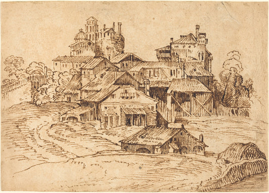pen and brown ink on laid paper by Bolognese 17th Century (View of an Italian Town (after Titian or Domenico Campagnola)), 16X12"(A3)Poster Print