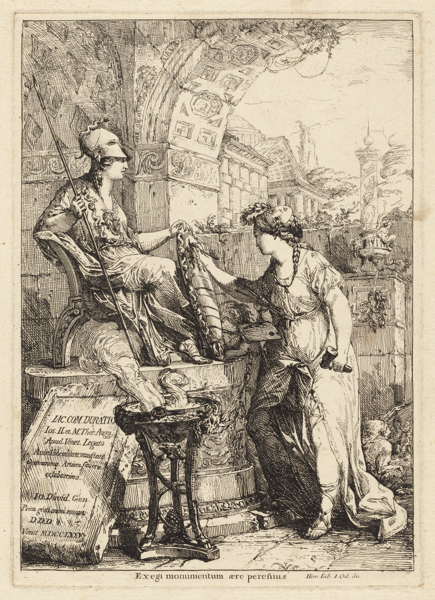 Exegi Monumentum (Art Inscribing Minerva's Shield) by Giovanni David (Italian, 1743 - 1790), 16X12"(A3)Poster Print