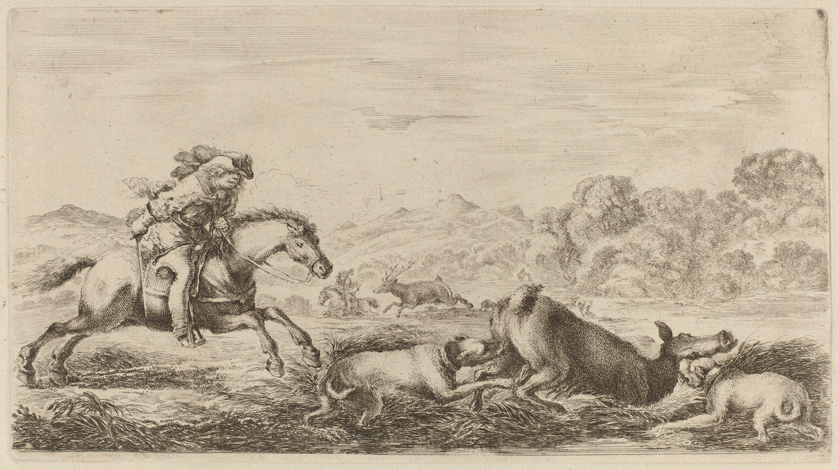 Doe in a Marsh Attacked by Two Dogs by Stefano Della Bella (Italian, 1610 - 1664), 16X12"(A3)Poster Print