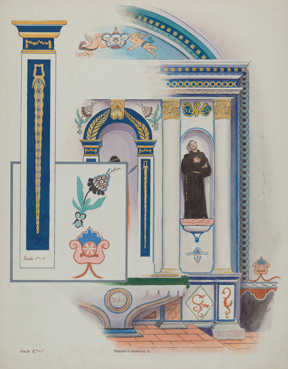 Side Altar, San Luis Rey Mission by Howard H. Sherman (American, active c. 1935), 16X12"(A3)Poster Print