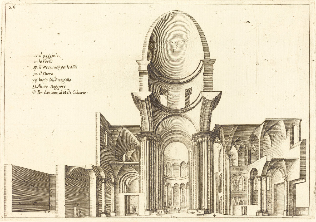 Cross-Section of a Church by Jacques Callot (French, 1592 - 1635), 16X12"(A3)Poster Print