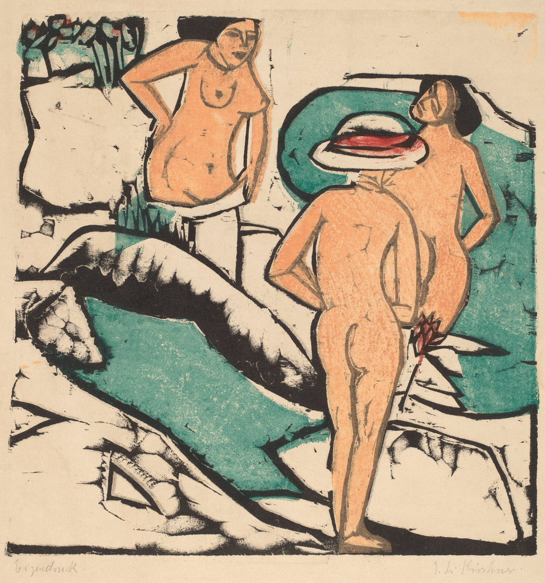 Women Bathing Between White Stones by Ernst Ludwig Kirchner (German, 1880 - 1938), 16X12"(A3)Poster Print