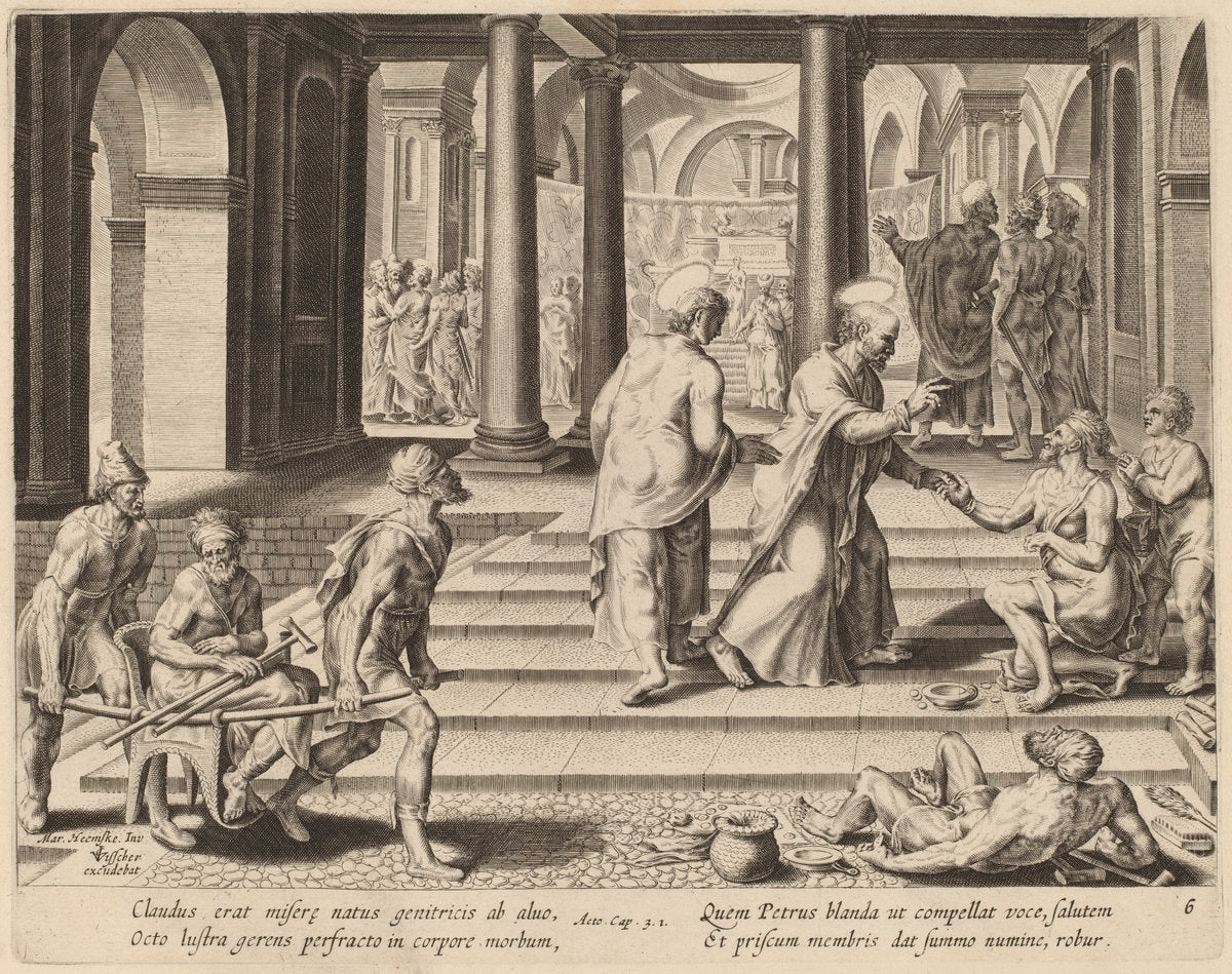 Saints Peter and John Heal a Cripple at the Gate of the Temple by Philip Galle after Maerten van Heemskerck (Flemish, 1537 - 1612), 16X12"(A3)Poster Print
