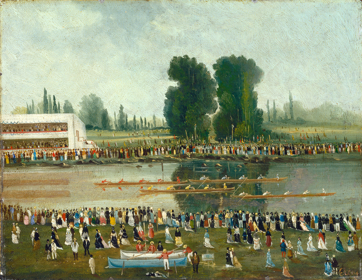 Rowing Scene: Crowds Watching from the River Banks by E. Levy (French), 16X12"(A3)Poster Print
