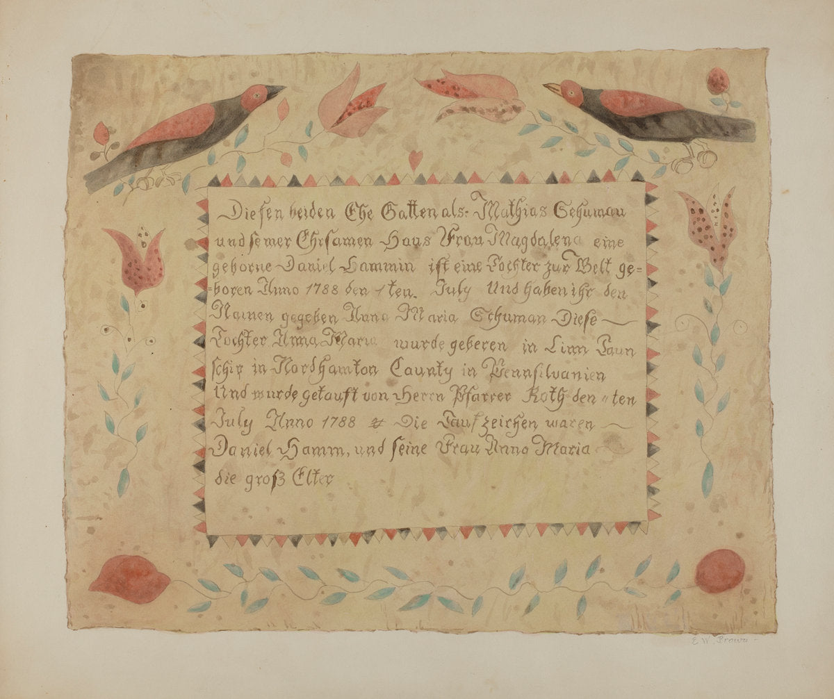 Pa. German Birth Certificate by Ethelbert Brown (American, active c. 1935), 16X12"(A3)Poster Print