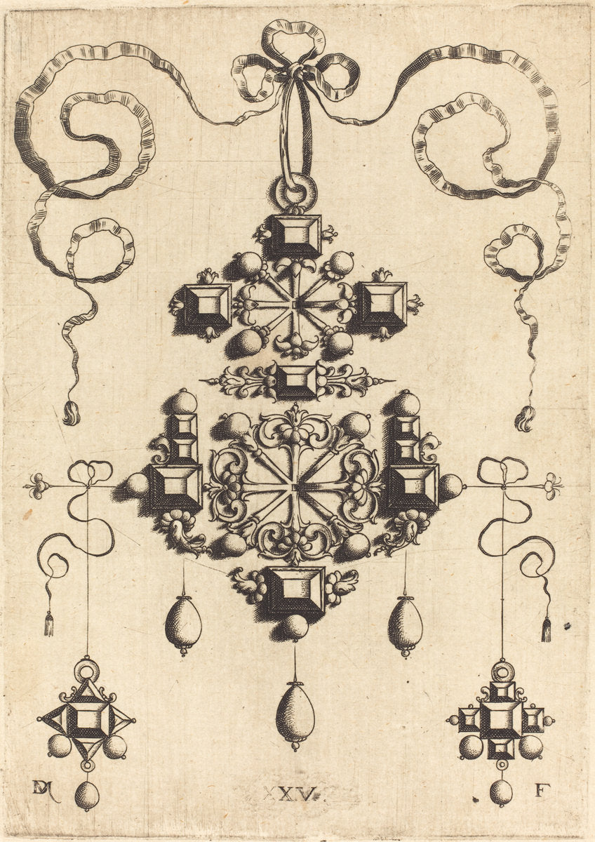 Pendant with Two Double Crosses, Surrounded by Four Diamond-Shaped Stones, Five Table-Stones, and Thirteen Pearls by Daniel Mignot (German, active 1593/1596), 16X12"(A3)Poster Print