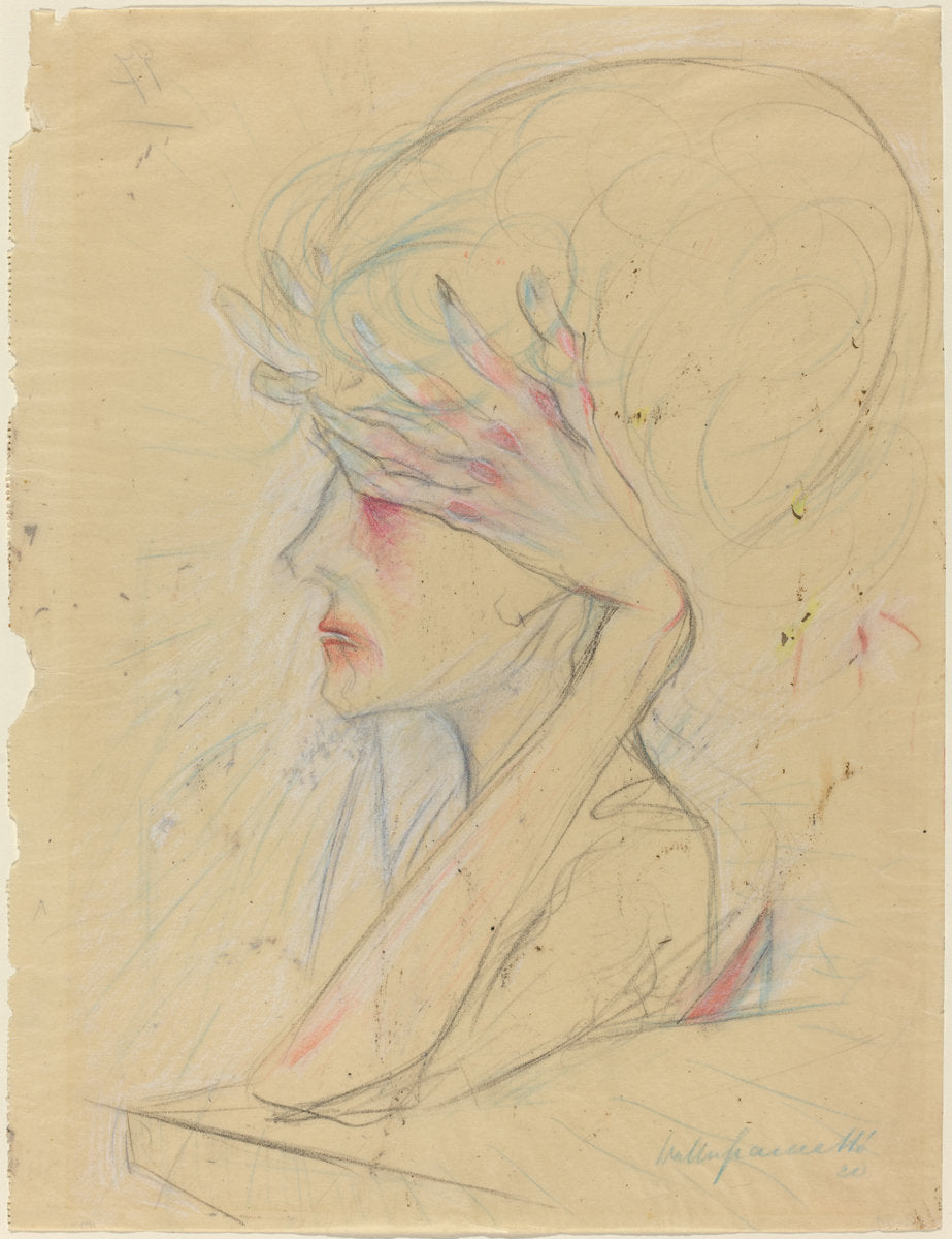 An Elegant Woman with Her Hands Covering Her Eyes by Walter Gramatté (German, 1897 - 1929), 16X12"(A3)Poster Print