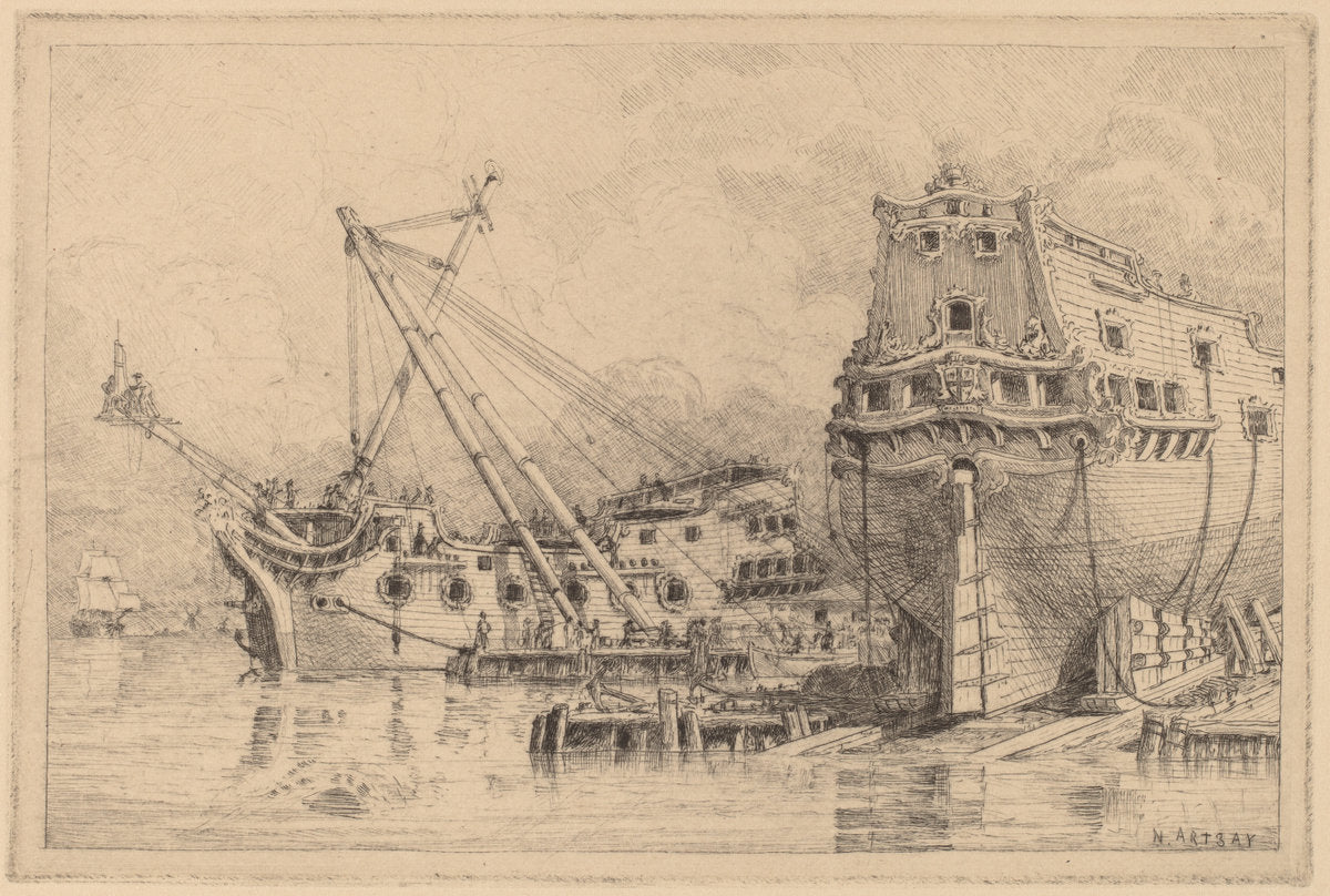 Two Large Ships under Construction by N. Artsay (Unknown, active probably 19th century), 16X12"(A3)Poster Print