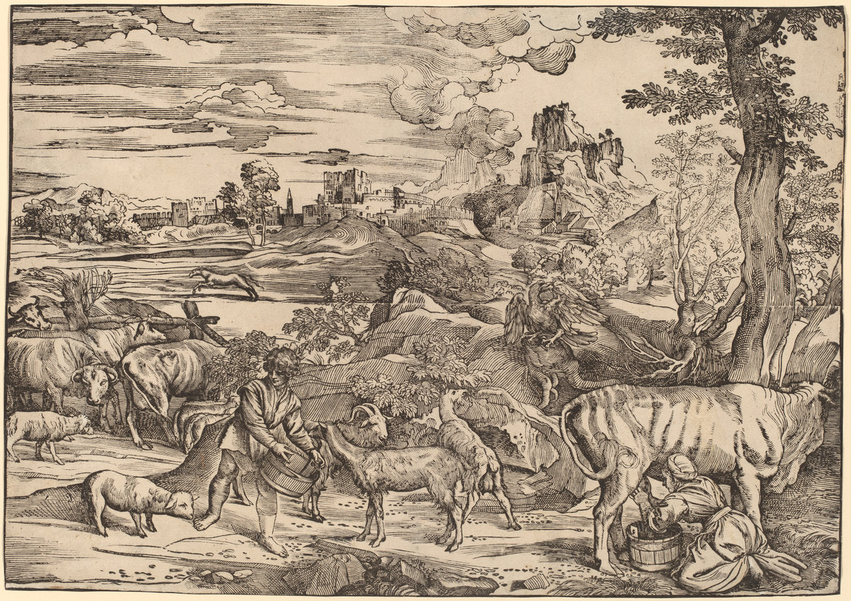 Landscape with a Milkmaid by Niccolò Boldrini after Titian (Italian, born c. 1510, active c. 1530 - c. 1570), 16X12"(A3)Poster Print