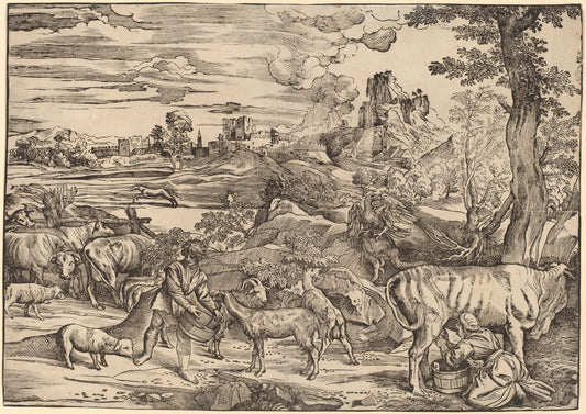 Landscape with a Milkmaid by Niccolò Boldrini after Titian (Italian, born c. 1510, active c. 1530 - c. 1570), 16X12"(A3)Poster Print