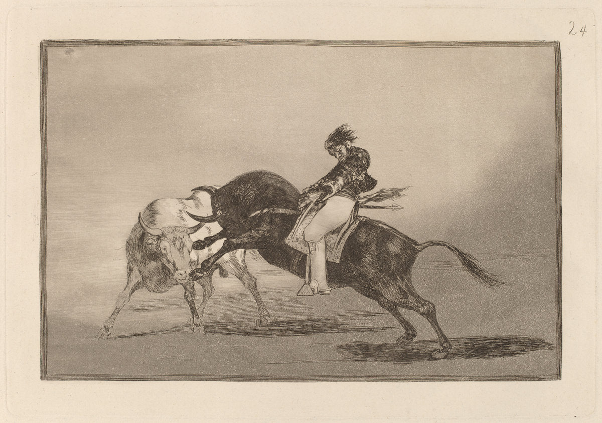 El mismo Ceballos montado sobre otro toro quiebra rejones en la plaza de Madrid (The Same Ceballos Mounted on Another Bull Breaks Short Spears in the Ring at Madrid) by Francisco de Goya (Spanish, 1746 - 1828), 16X12"(A3)Poster Print