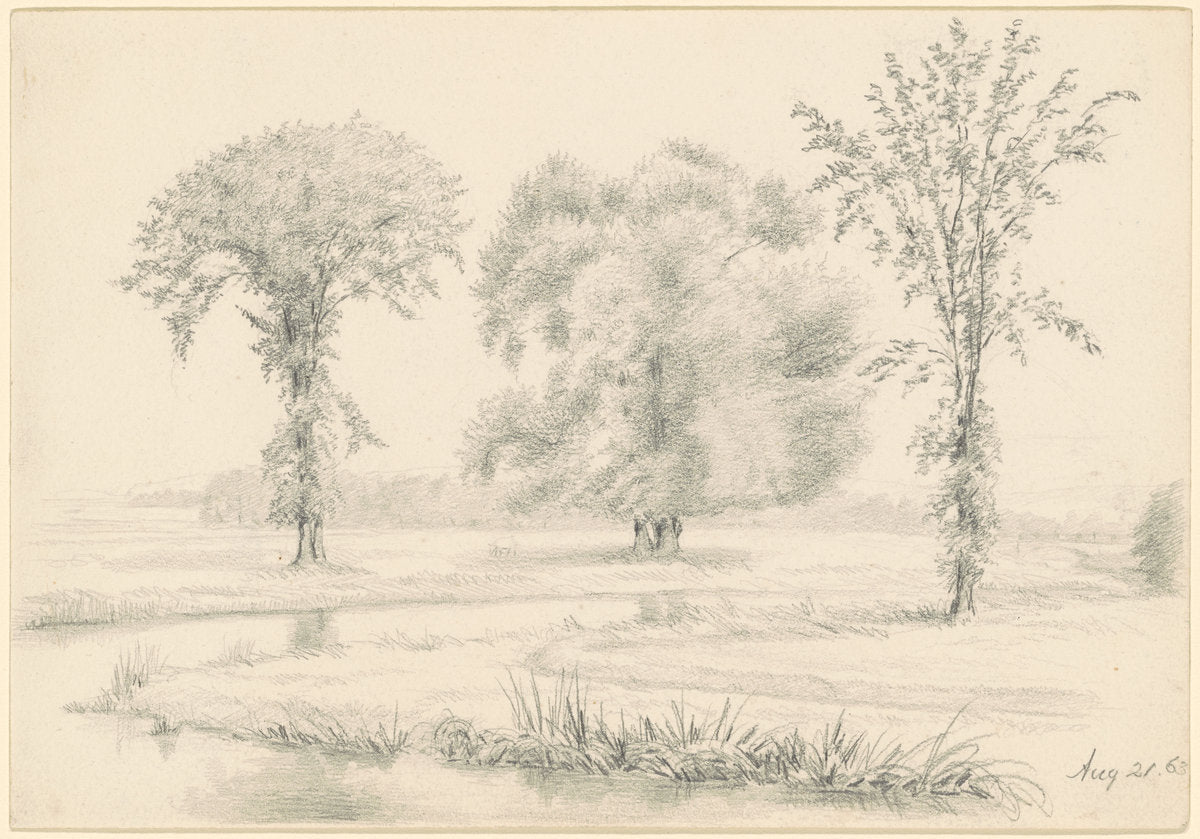 Landscape with Three Trees by James Wells Champney (American, 1843 - 1903), 16X12"(A3)Poster Print