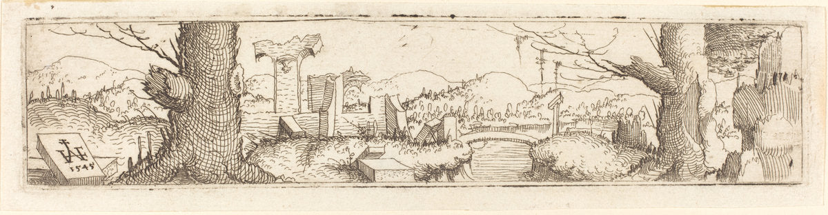 Landscape with a Brook and Ruins by Augustin Hirschvogel (German, 1503 - 1553), 16X12"(A3)Poster Print