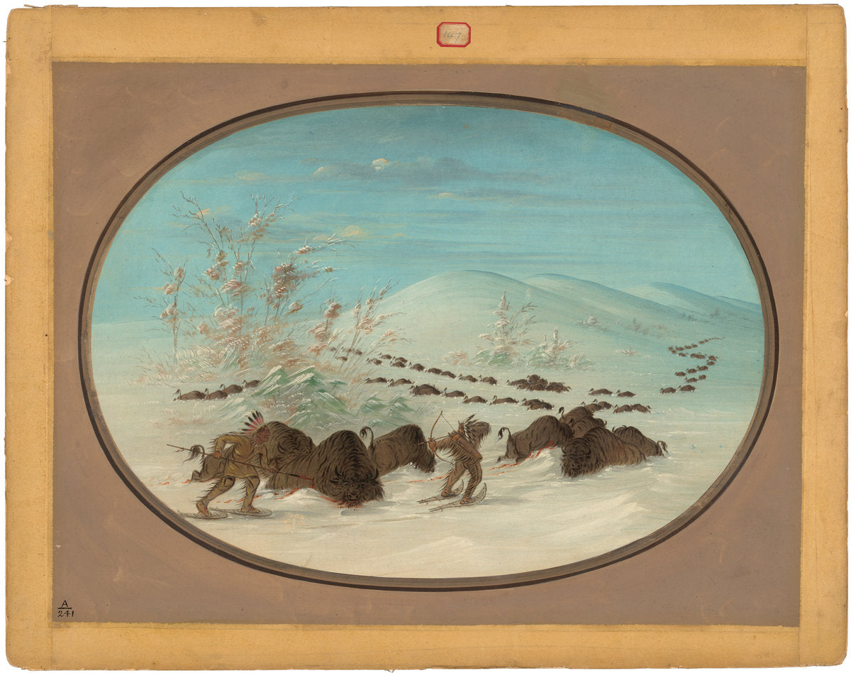 Buffalo Chase in the Snow Drifts - Ojibbeway by George Catlin (American, 1796 - 1872), 16X12"(A3)Poster Print