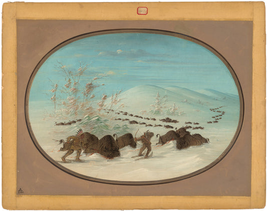 Buffalo Chase in the Snow Drifts - Ojibbeway by George Catlin (American, 1796 - 1872), 16X12"(A3)Poster Print