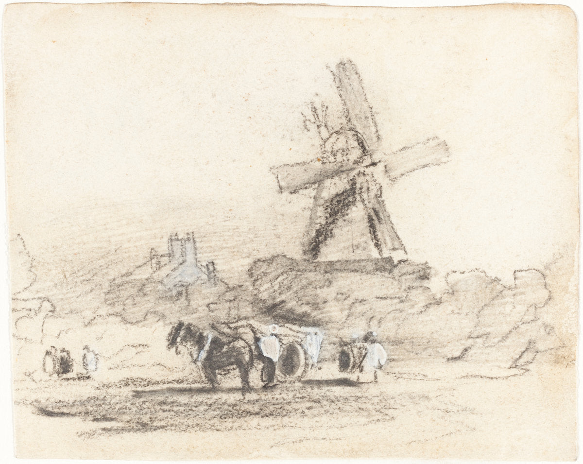A Cart with Two Horses near a Windmill by David Cox (British, 1783 - 1859), 16X12"(A3)Poster Print