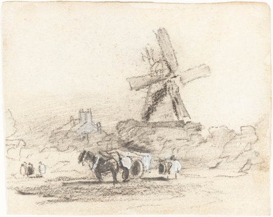 A Cart with Two Horses near a Windmill by David Cox (British, 1783 - 1859), 16X12"(A3)Poster Print