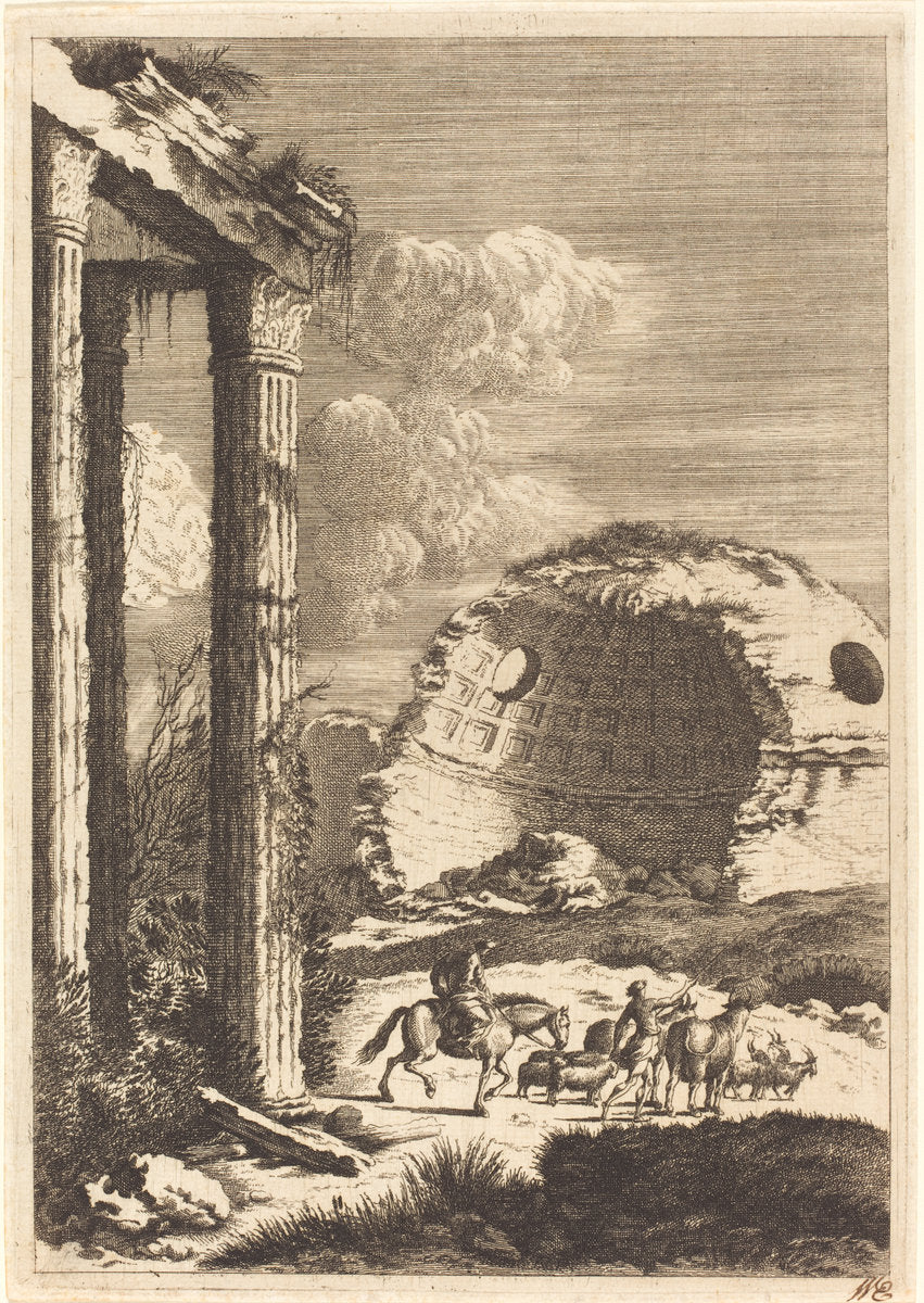 Shepherds Traveling past a Ruined Rotunda by Bernhard Zaech after Jonas Umbach (German, active c. 1650), 16X12"(A3)Poster Print