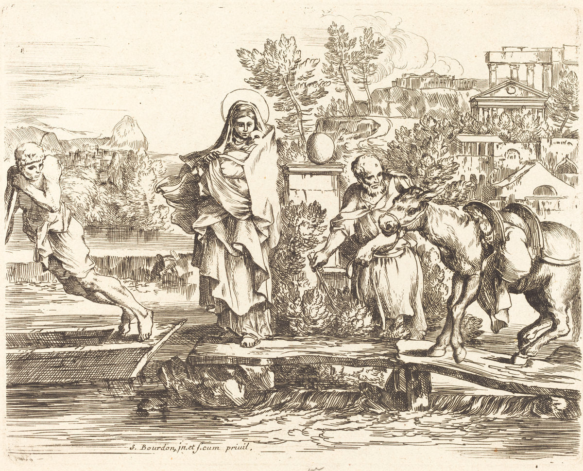The Holy Family Preparing to Embark by Sébastien Bourdon (French, 1616 - 1671), 16X12"(A3)Poster Print